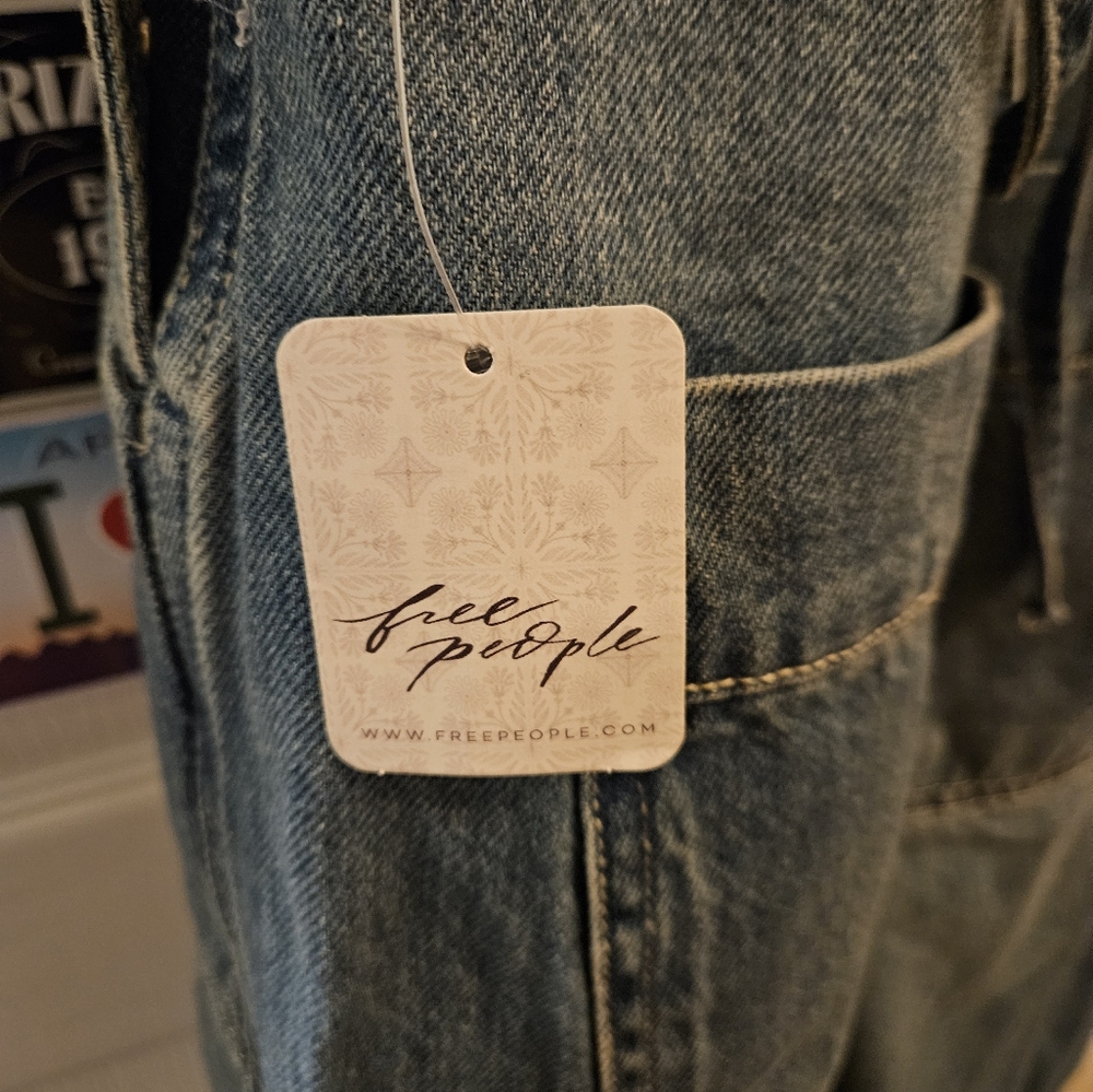 Free People Blue Denim Overalls/Jumpsuit w/Tied Back Waist - Picture 3 of 4